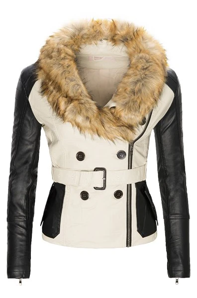 Damen Kunstleder Jacke mit Kunstfellkragen D-129