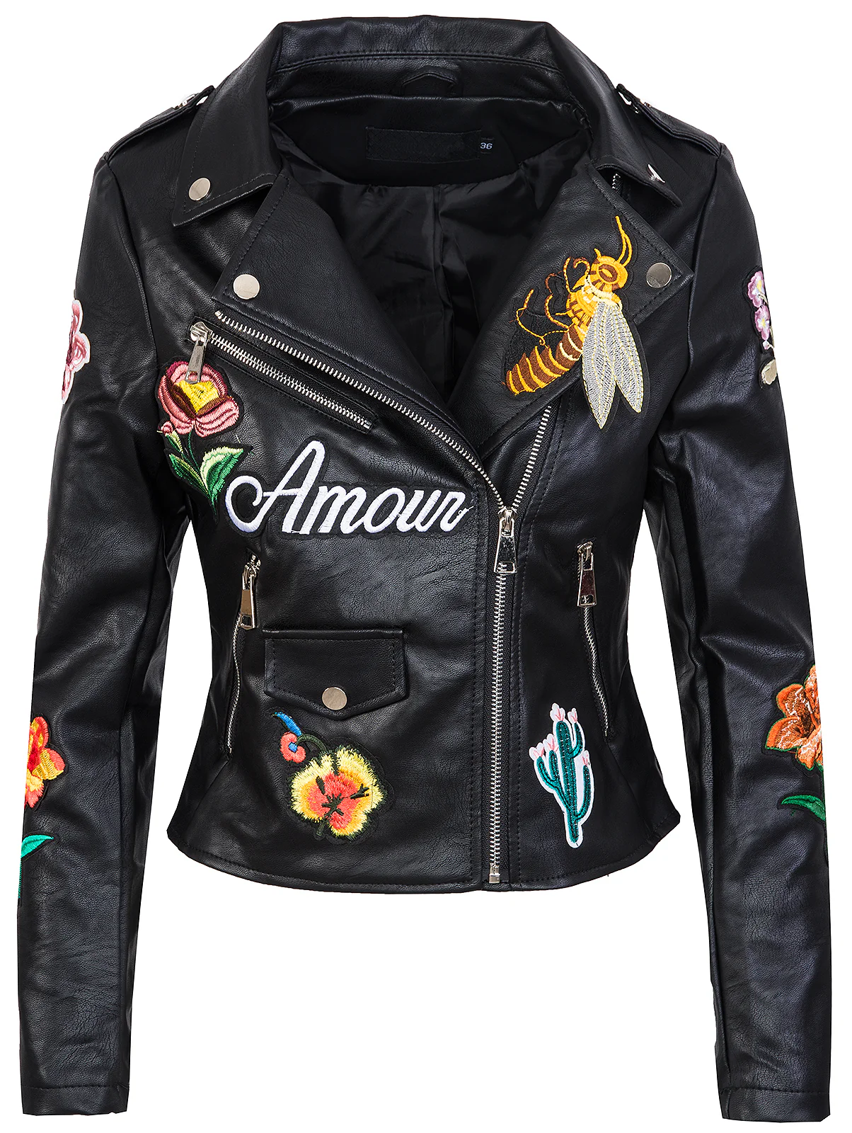 Damen Kunstlederjacke mit Blumenstickerei Schwarz D-263
