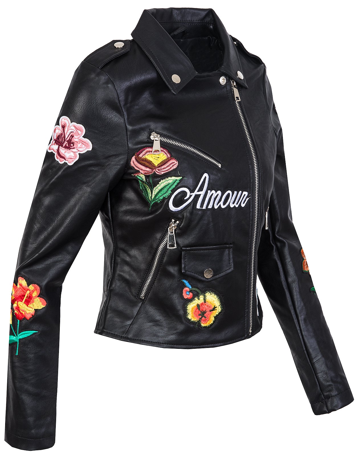 Damen Kunstlederjacke mit Blumenstickerei Schwarz D-263 - Image 2