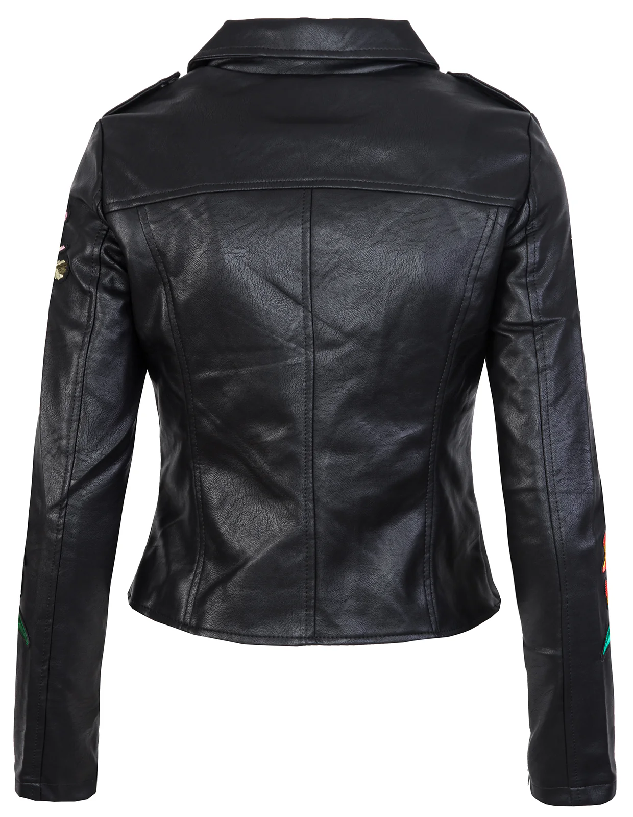 Damen Kunstlederjacke mit Blumenstickerei Schwarz D-263 - Image 3