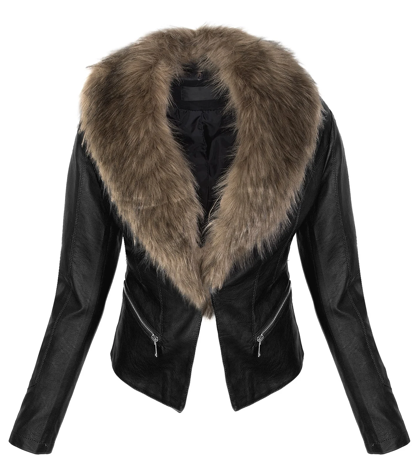 Damen Kunstlederjacke mit Kunstfellkragen D-364 - Image 3