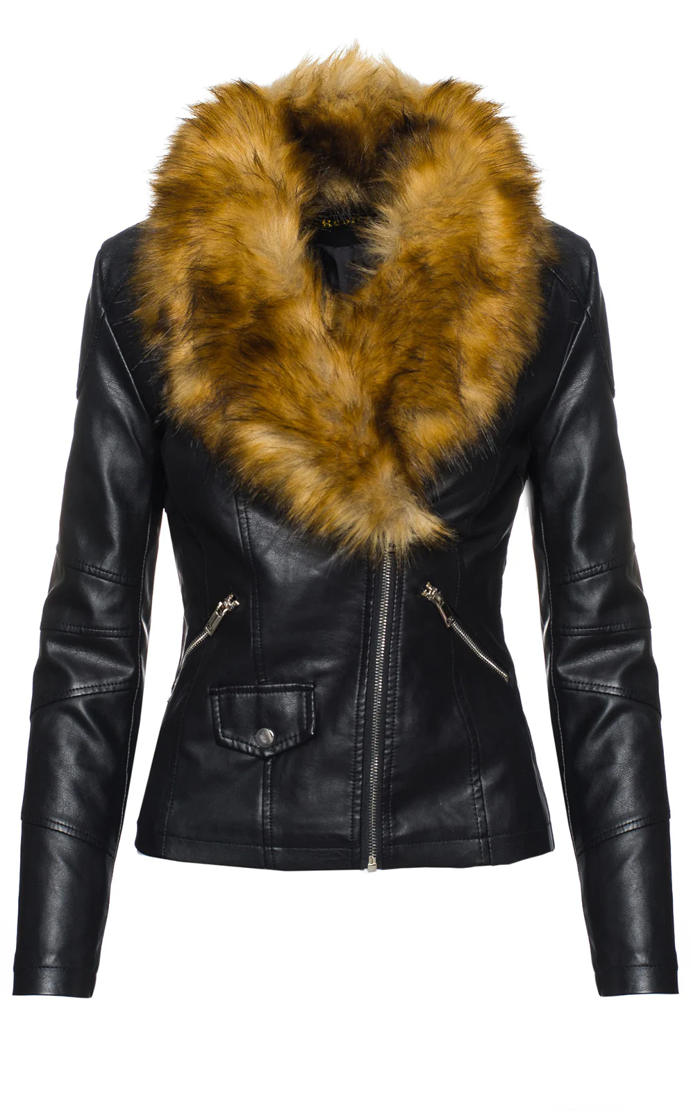 Damen Kunstlederjacke mit XXL Kunstfellkragen D-221 - Image 2