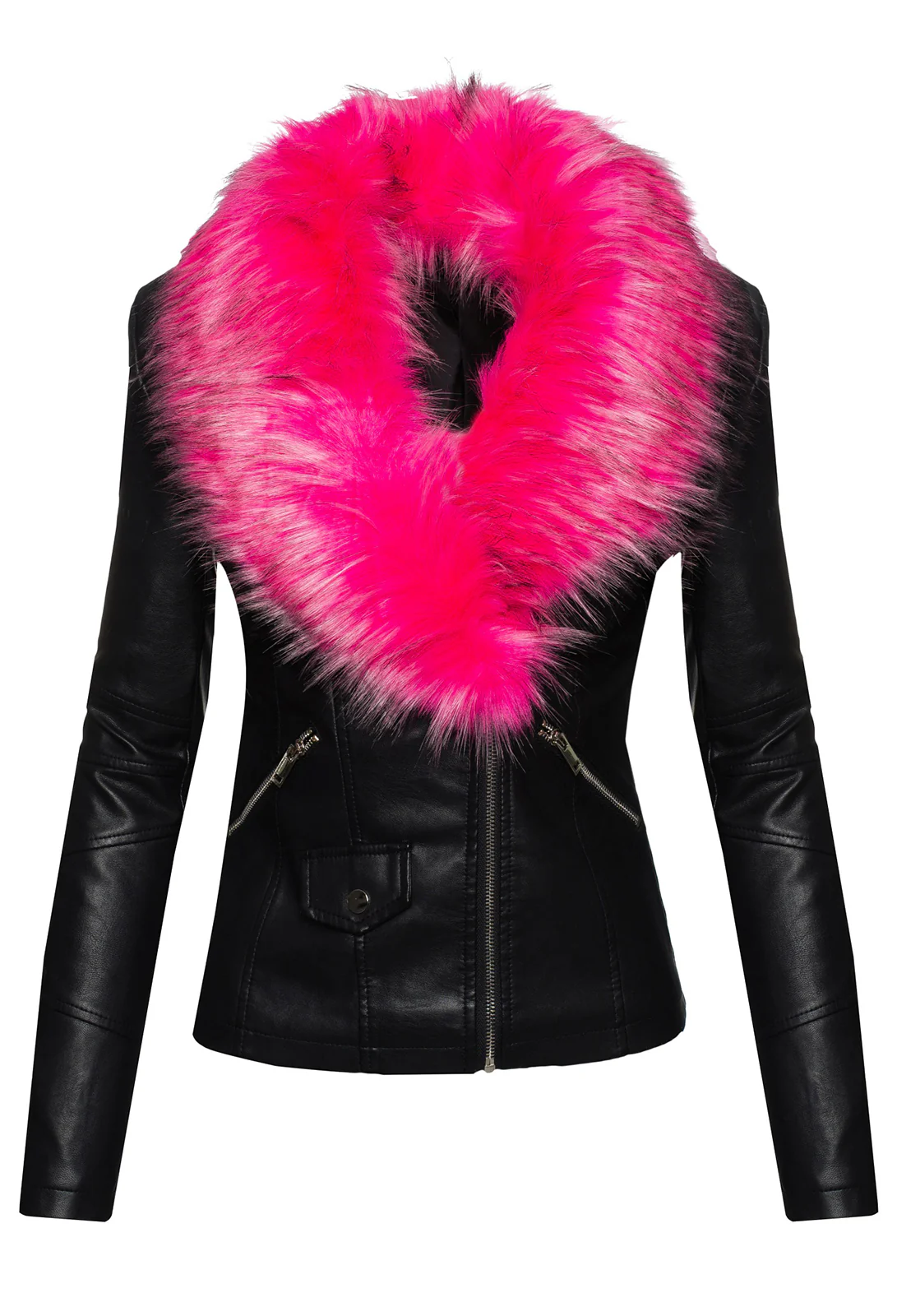 Damen Kunstlederjacke mit XXL Kunstfellkragen D-221 - Image 3