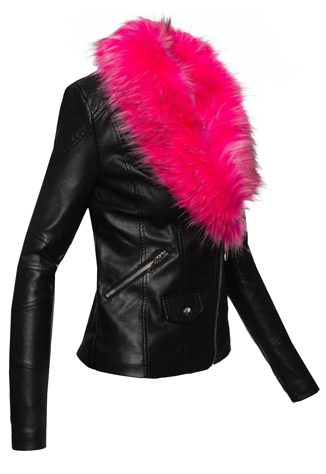 Damen Kunstlederjacke mit XXL Kunstfellkragen D-221 - Image 4