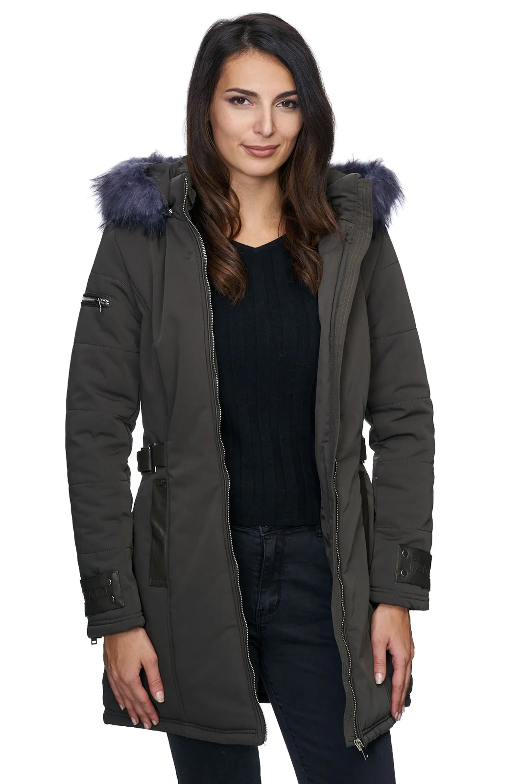 Damen Winter Jacke mit Kapuze Kunstfellkragen D-225