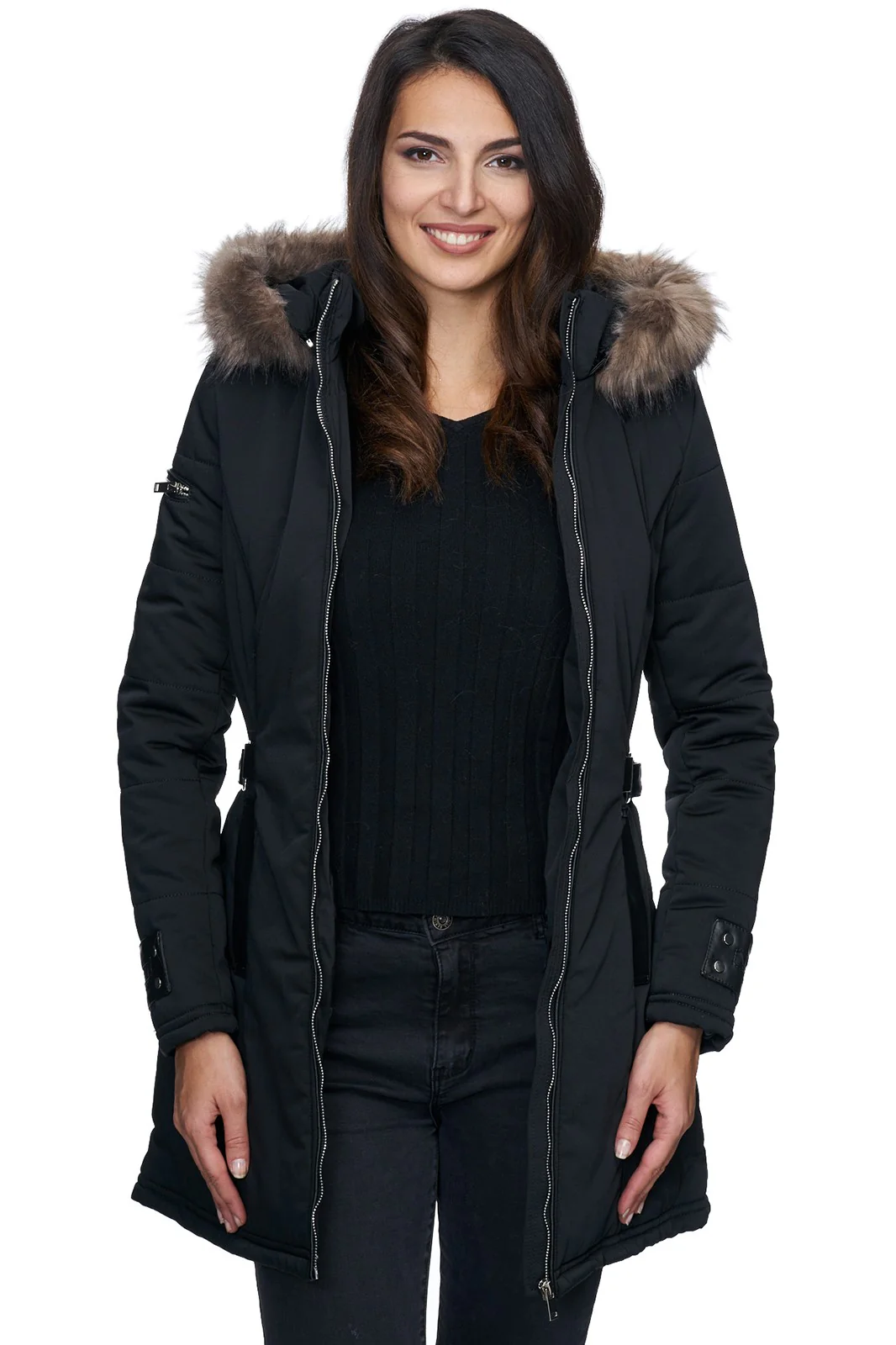 Damen Winter Jacke mit Kapuze Kunstfellkragen D-225 - Image 6