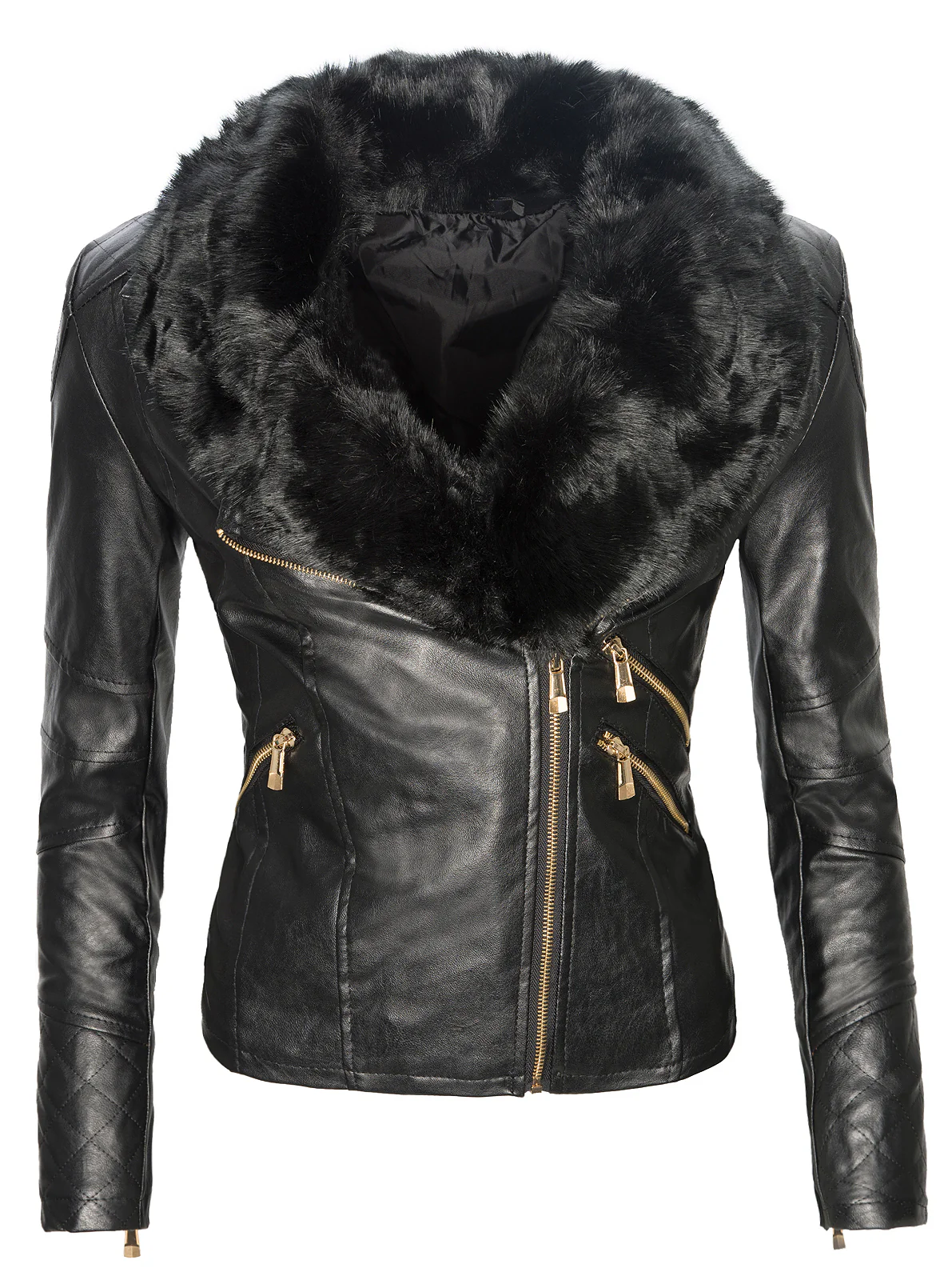 Damen Winter Kunstlederjacke mit Kunstfellkragen D-119