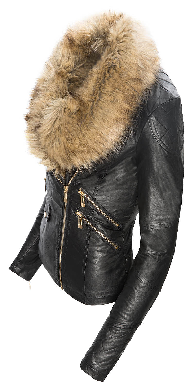Damen Winter Kunstlederjacke mit Kunstfellkragen D-119 - Image 7