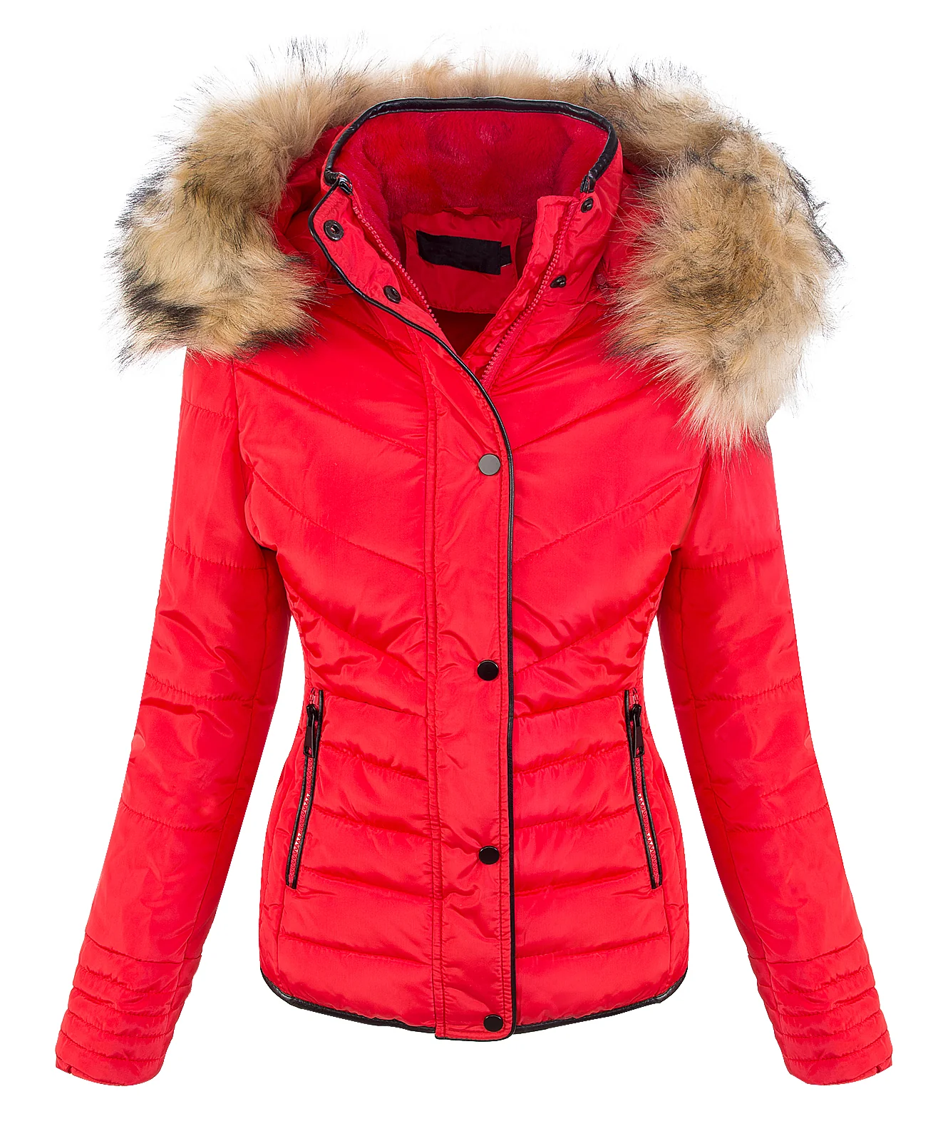 Damen Winter Steppjacke mit Kapuze Kunstfellkragen D-405