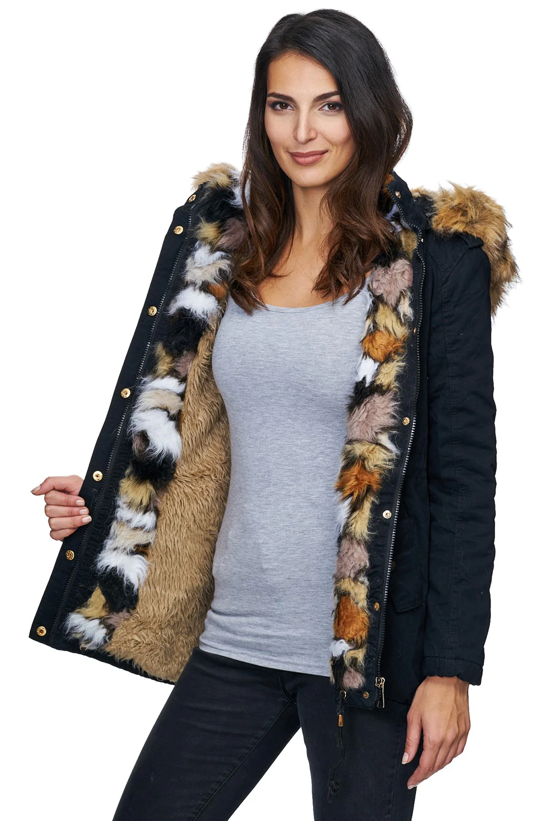 Damen Winterjacke Gefüttert Kapuze mit Kunstfellkragen D-226 - Image 3