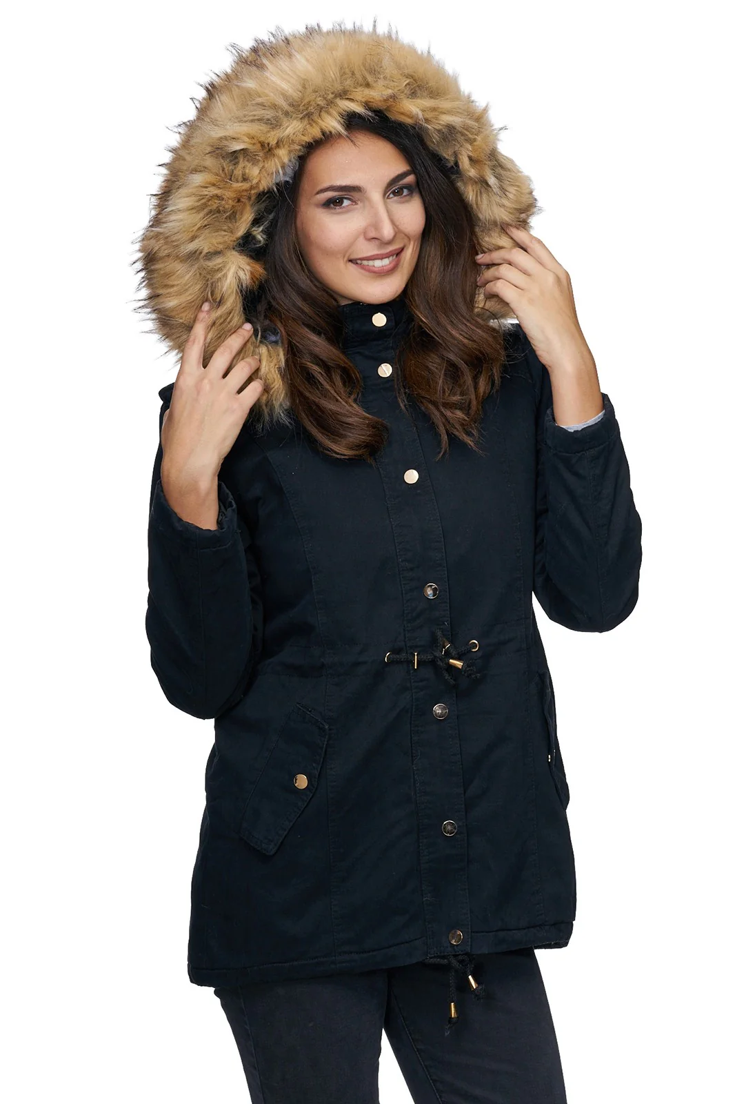 Damen Winterjacke Gefüttert Kapuze mit Kunstfellkragen D-226 - Image 4