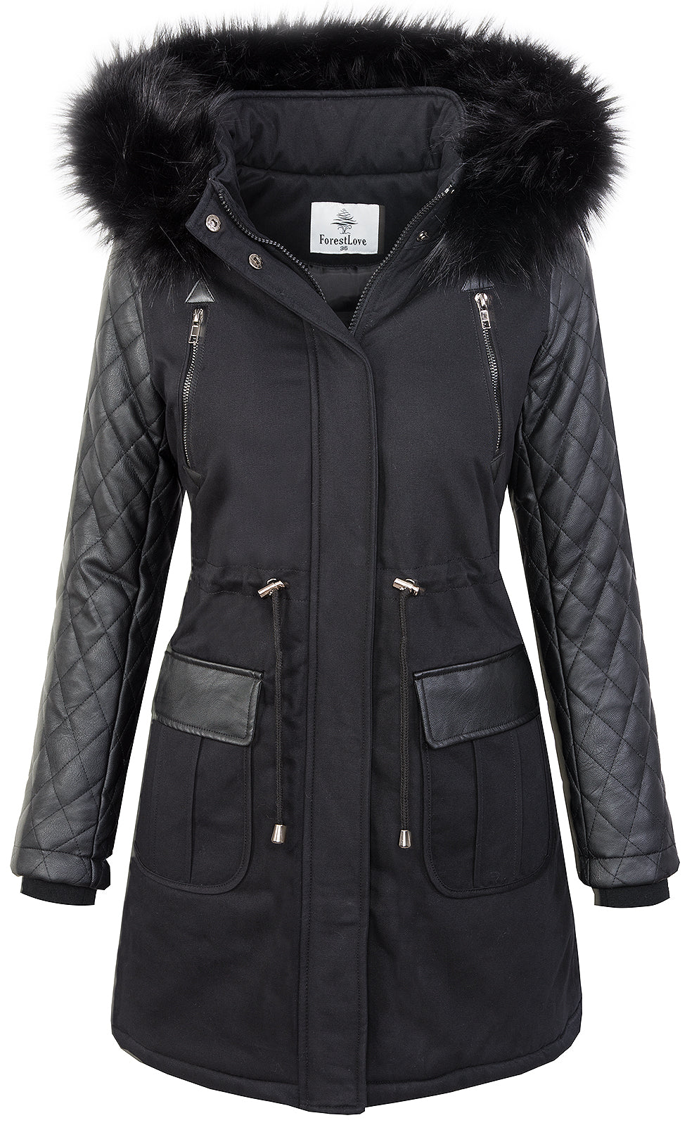 Damen Winterjacke Parka Kunstlederärmel D-348