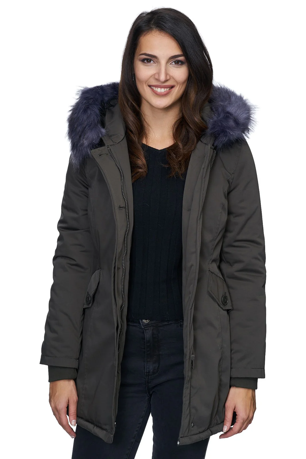 Damen Winterjacke Parka mit Kapuze Kunstfellkragen D-224