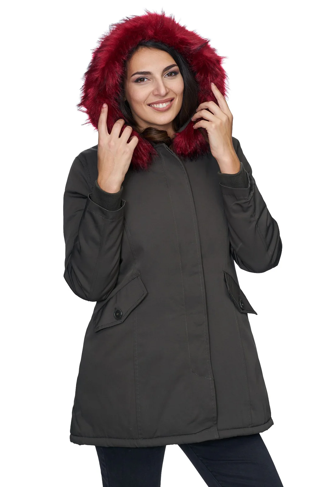 Damen Winterjacke Parka mit Kapuze Kunstfellkragen D-224 - Image 3