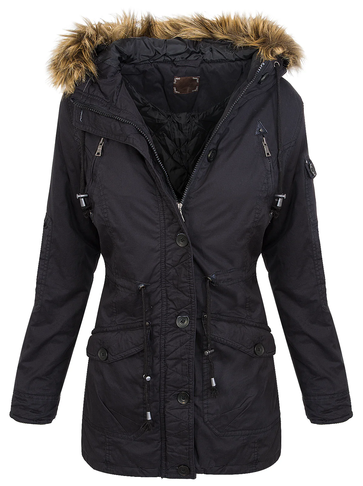 Damen Winterjacke Parka mit Kapuze Kunstfellkragen D-227