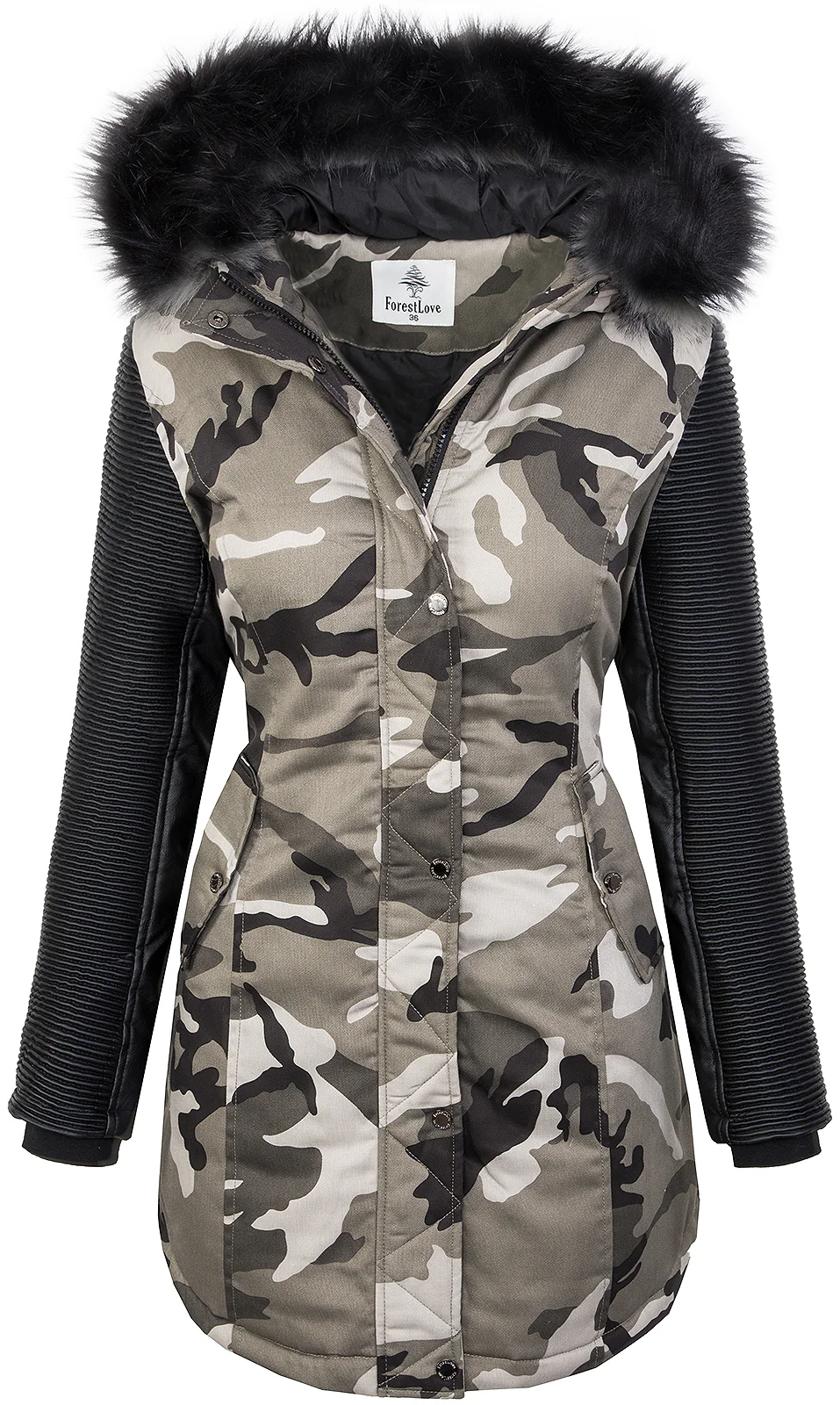 Damen Winterjacke Parka mit Kunstlederärmel Camouflage D-349 - Image 6