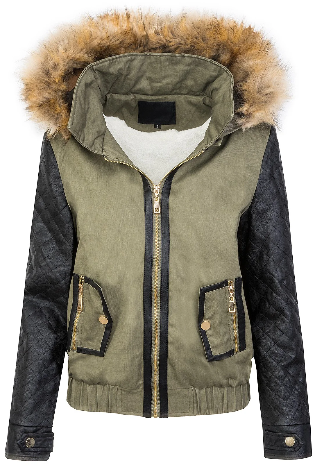 Damen Winterjacke Teddyfell-Futter Kunstlederärmel D-360