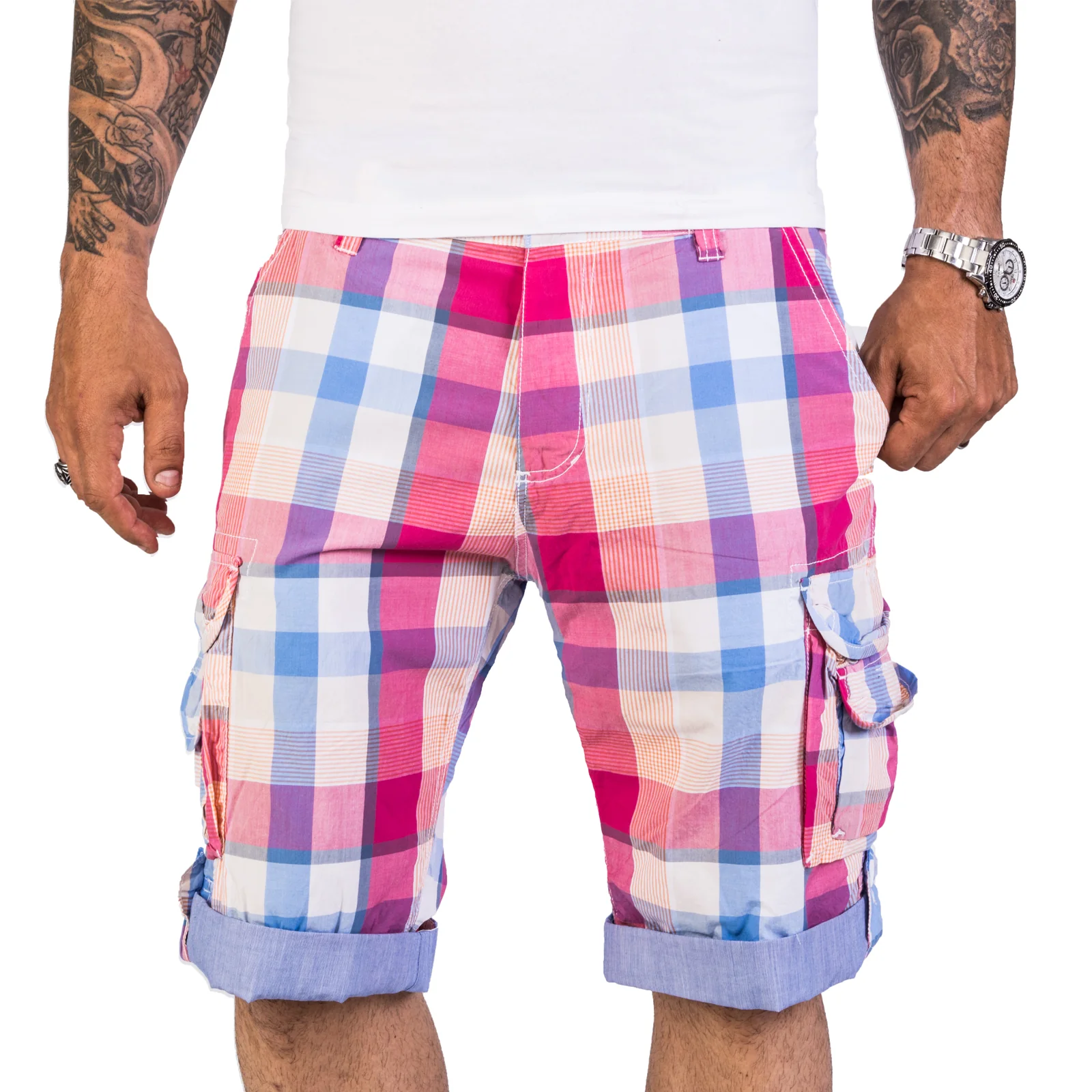Herren Cargo Shorts Kariert mit Gürtel H-186
