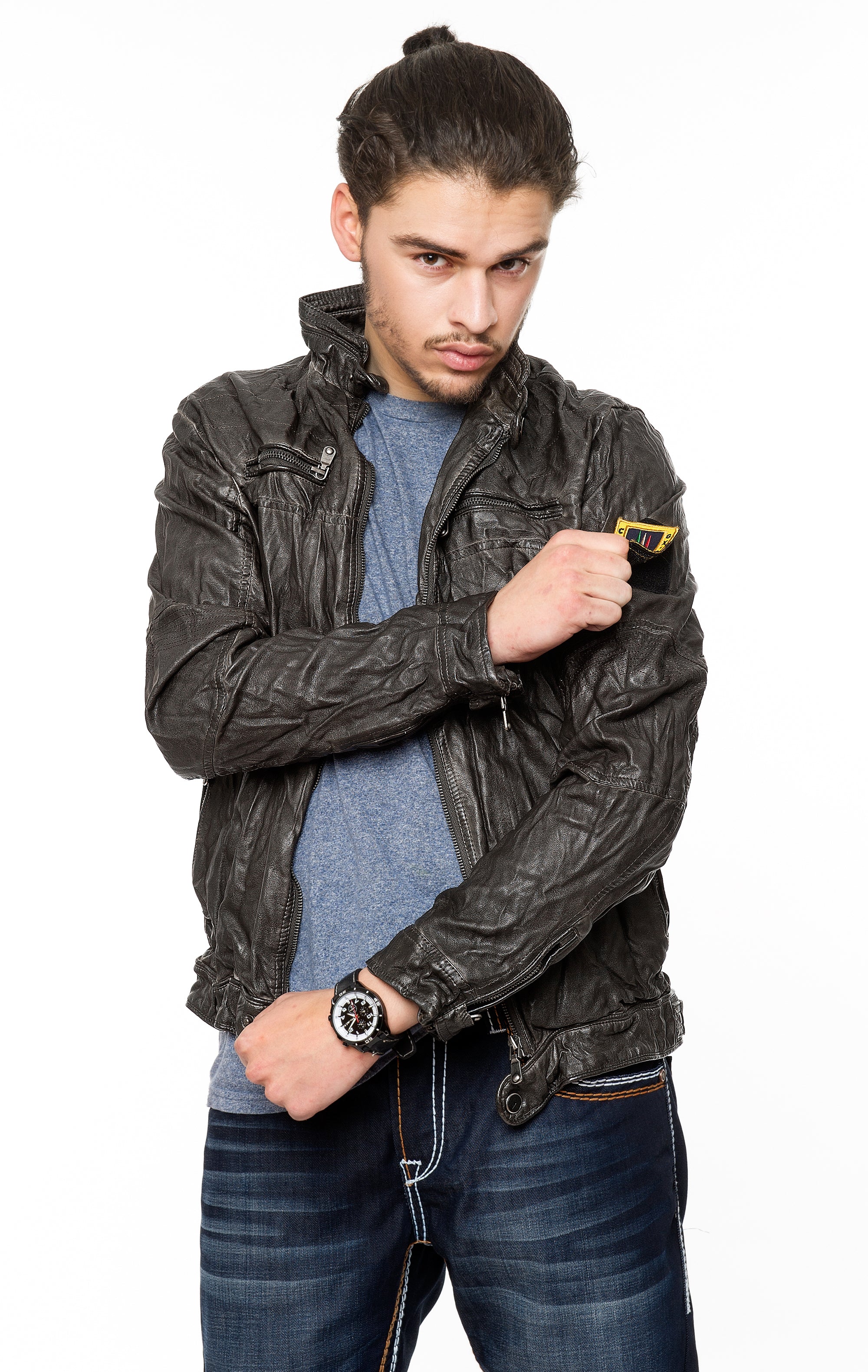 Herren Kunstlederjacke mit Knitterefekt H-052 - Image 3