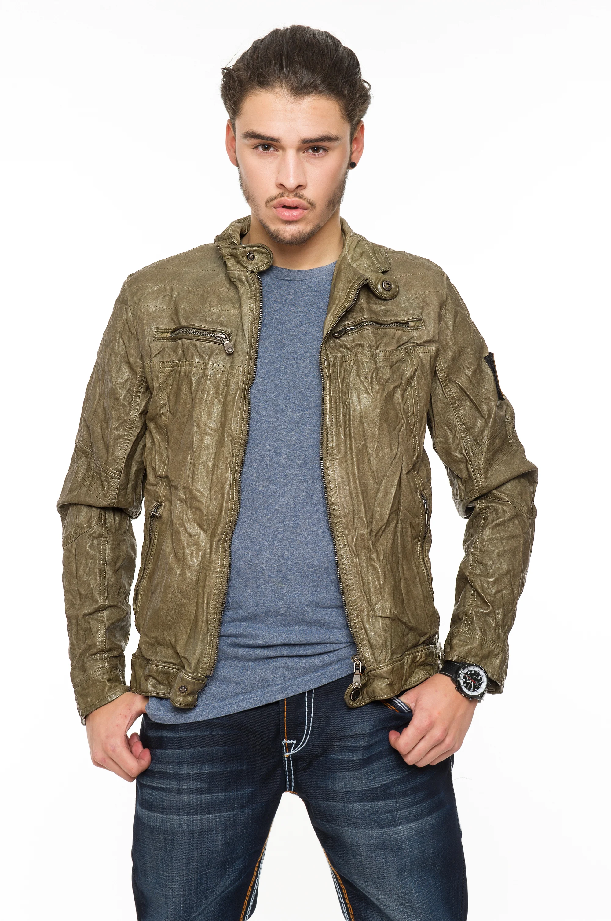 Herren Kunstlederjacke mit Knitterefekt H-052 - Image 4