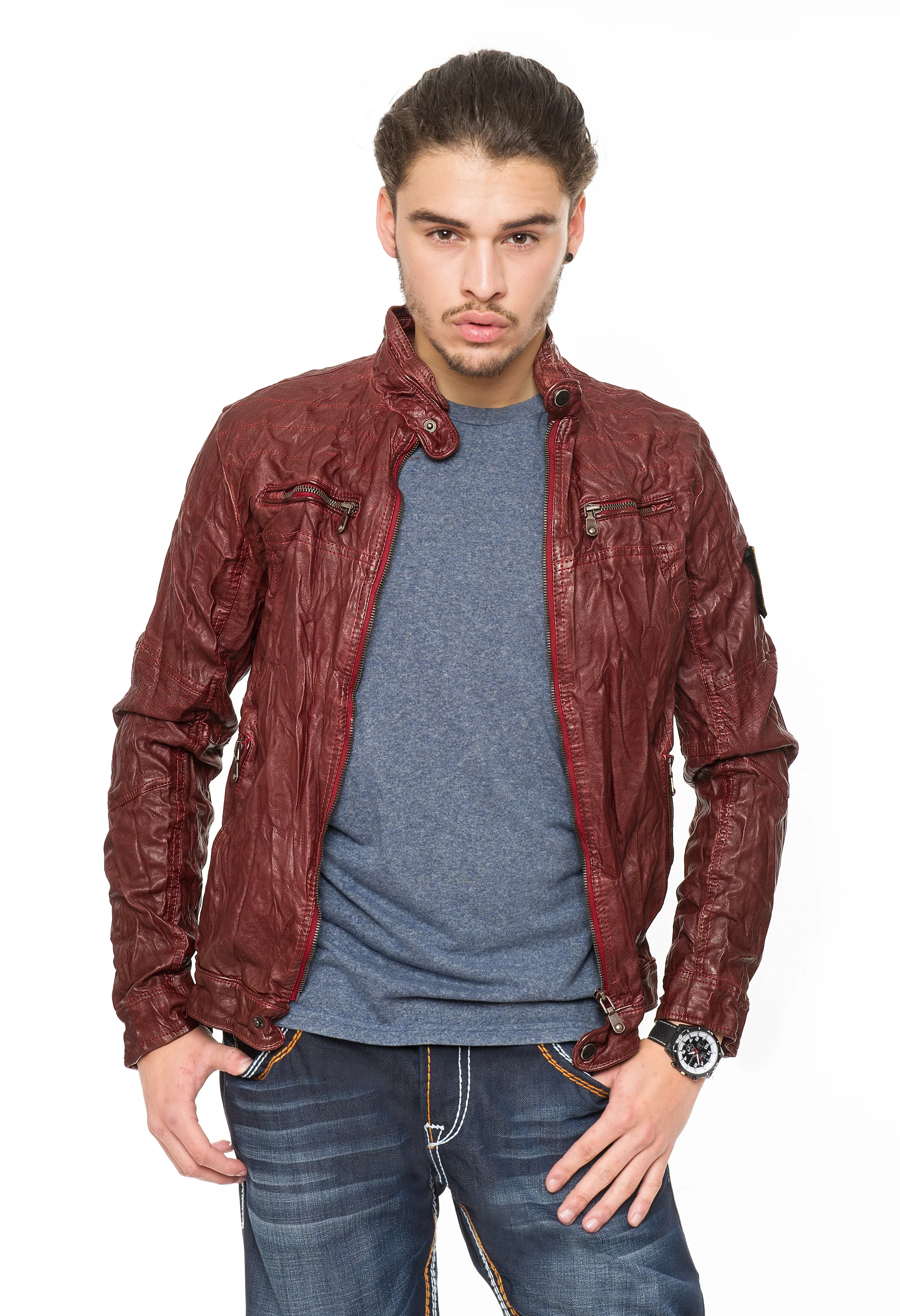 Herren Kunstlederjacke mit Knitterefekt H-052 - Image 5