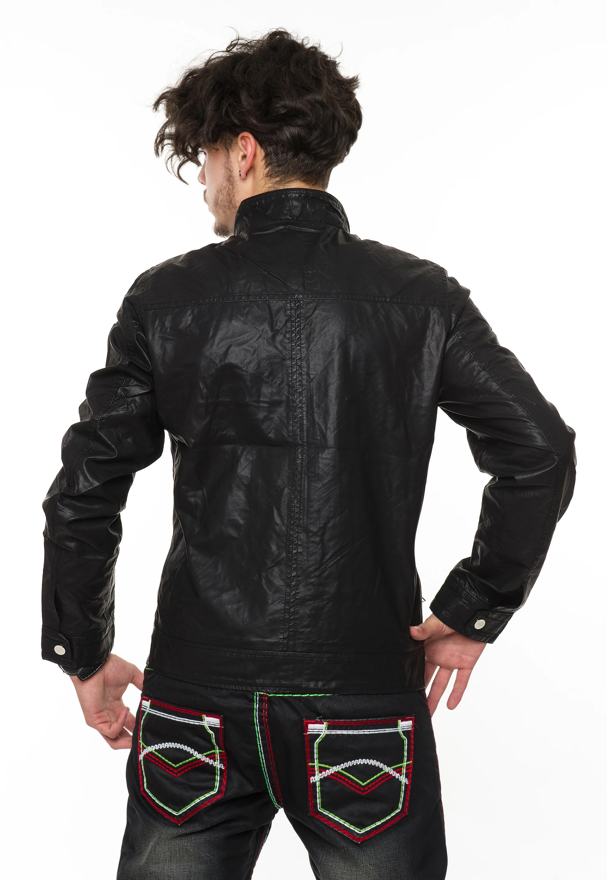 Herren Kunstlederjacke Stehkragen mit Knopfleiste Schwarz H-053 - Image 3