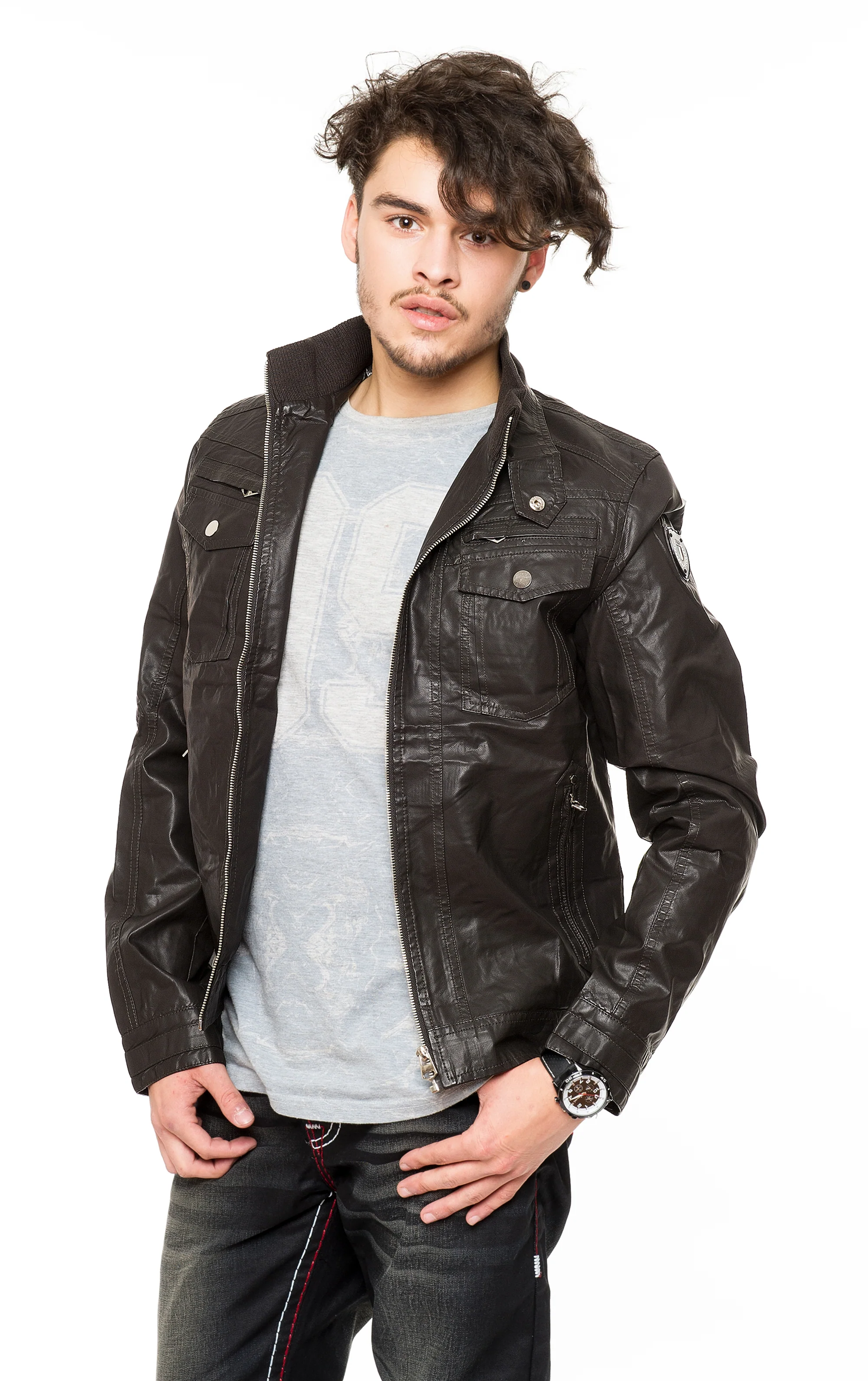 Herren Kunstlederjacke Stehkragen mit Knopfleiste Schwarz H-053 - Image 4