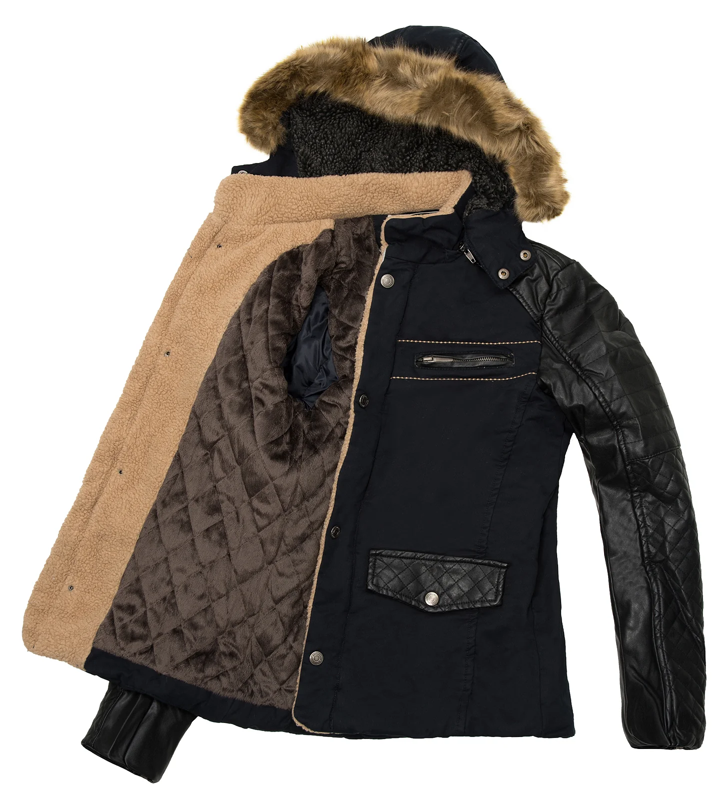 Herren Winter Bikerjacke mit Kunstlederärmeln gefüttert H-062 - Image 6