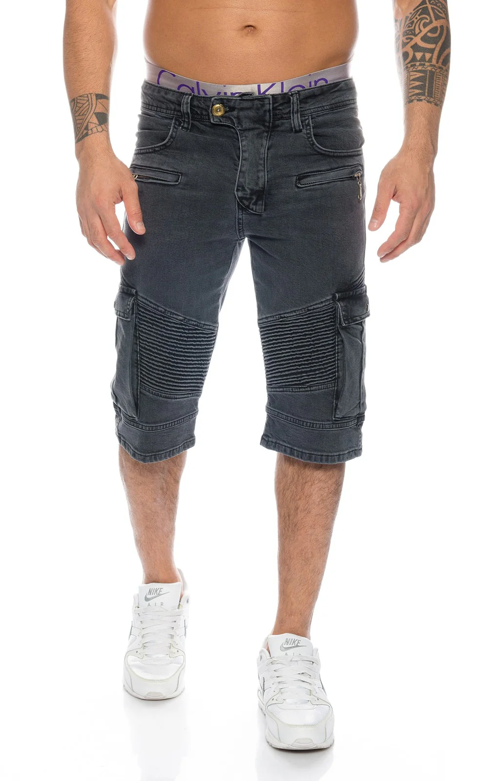 Lorenzo Loren Herren Jeansshorts Schwarz Biker-Style LL-388