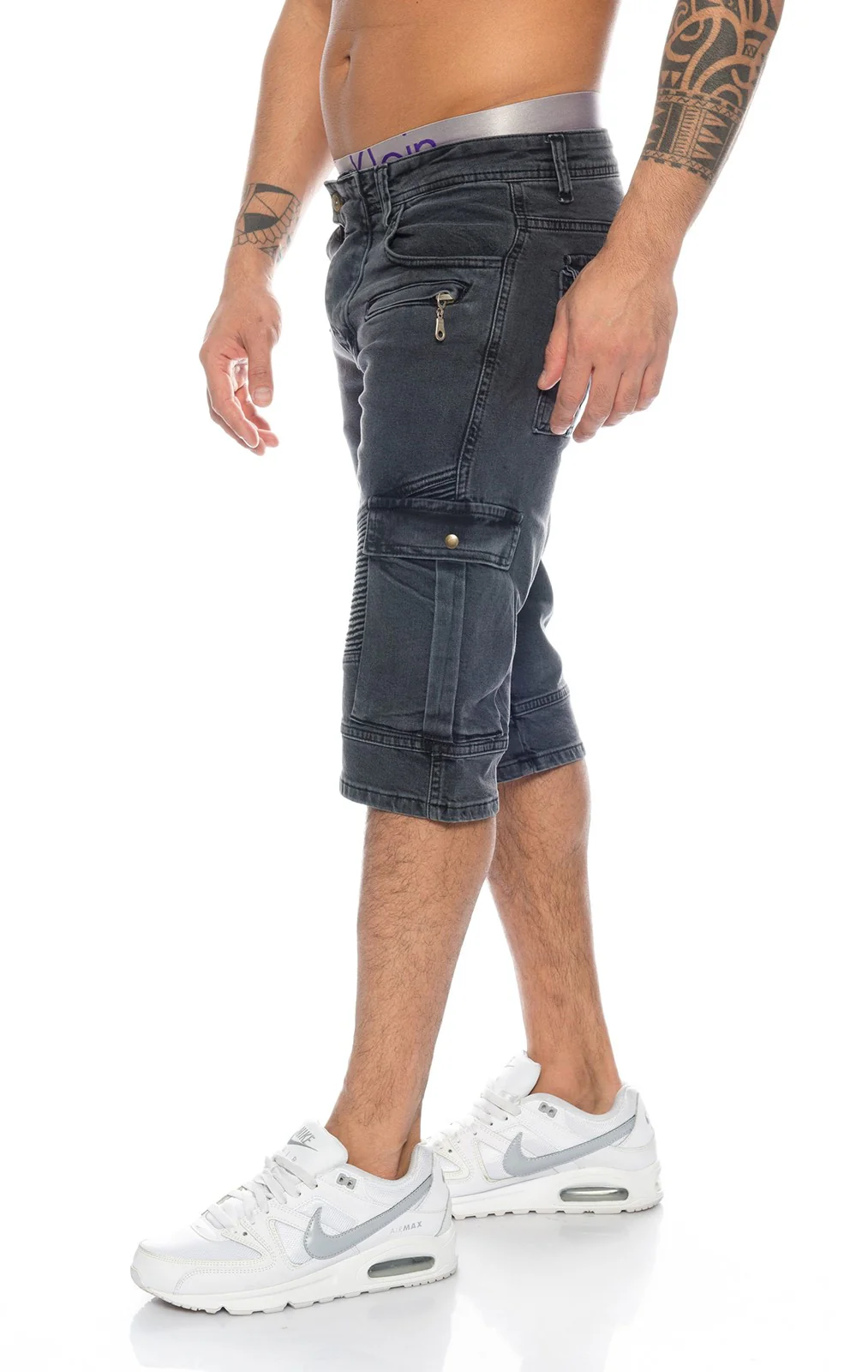Lorenzo Loren Herren Jeansshorts Schwarz Biker-Style LL-388 - Image 2
